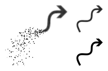 Disappearing pixelated curve arrow icon with wind effect, and halftone vector icon. Pixelated degradation effect for curve arrow gives speed and movement of cyberspace objects.