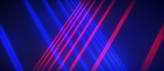 Obraz premium Neon beams, blue tech background. 3D illustration abstract panoramic backdrop