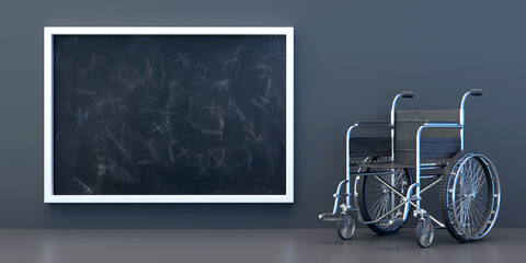 Wheelchair and empty school chalkboard background. 3d illustration