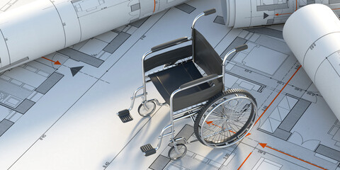 Wheelchair on construction drawings background. 3d illustration
