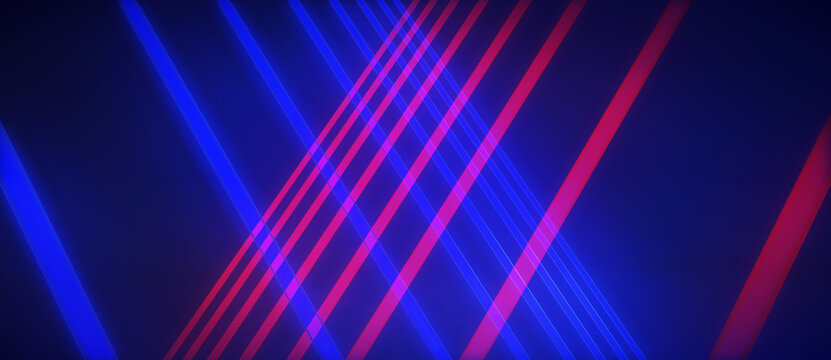 Neon beams, blue tech background. 3D illustration abstract panoramic backdrop