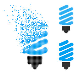 Shredded pixelated fluorescent bulb glyph with wind effect, and halftone vector symbol. Pixelated destruction effect for fluorescent bulb gives speed and motion of cyberspace matter.