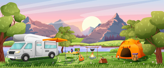 Camping with a tent by the river in a mountainous area. Mountain landscape at sunset or sunrise. Panoramic views of the mountains, forest and river. Vector illustration - obrazy, fototapety, plakaty