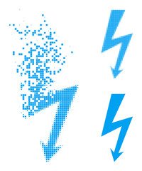 Dissipated pixelated high voltage glyph with wind effect, and halftone vector icon. Pixelated destruction effect for high voltage gives speed and movement of cyberspace objects.
