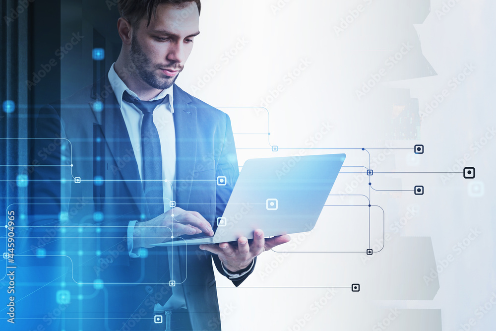 Poster businessman programmer is typing a code on laptop to protect a c