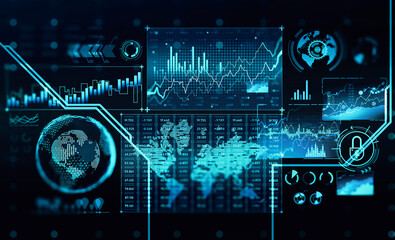Dark cyberspace with icons, Earth, chart details and world map