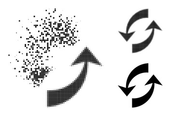 Destructed pixelated exchange arrows pictogram with destruction effect, and halftone vector symbol. Pixelated dissolving effect for exchange arrows reproduces speed and motion of cyberspace things.