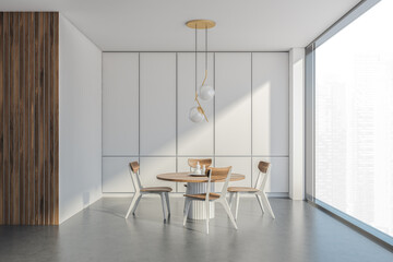 Dining room with wooden table, chairs and white panoramic interior