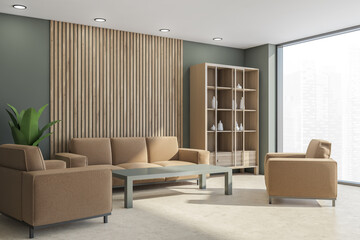 Beige furnishings of the living room corner in mild shade of green