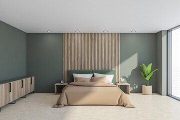 Light moss green bedroom with beige details