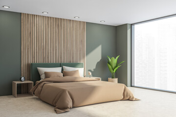 Light moss green bedroom with beige details