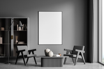 Modern living room interior with grey concrete floor and big window. Mock up empty posters on the wall. Concept of contemporary design.