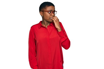 Young african american woman wearing casual clothes and glasses looking stressed and nervous with...