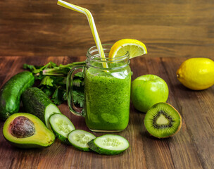 smoothies made from fresh vegetables, fruits and berries. a green drink that is good for your health. body cleansing 