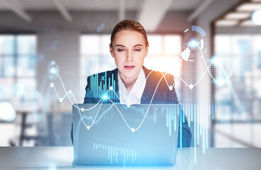 Portrait of concentrated attractive woman analyst who is carryin