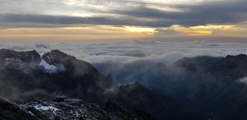 Rwenzori Mountains National Park, Uganda - February 26, 2020: Sunrise seen from Margherita Peak