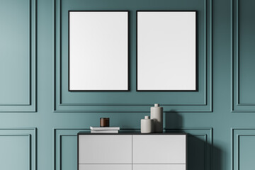 Modern living room interior. Two mock up empty posters on the wall. Concept of contemporary design.
