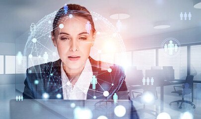 Front view portrait of attractive recruiter woman who is looking for new employees for the international project. Social media people icons and worldwide recruitment process.