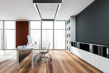 White panoramic office with dark niche and red wall detail
