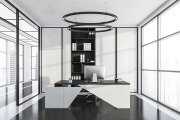 Panoramic black, white office interior with passage, round chandelier