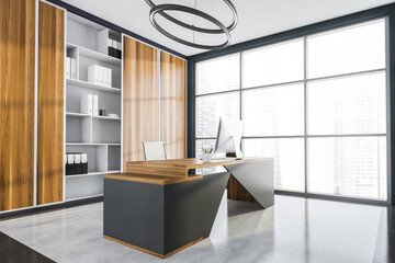 Interior with inner office corner, panoramic windows, wooden furniture, round chandelier