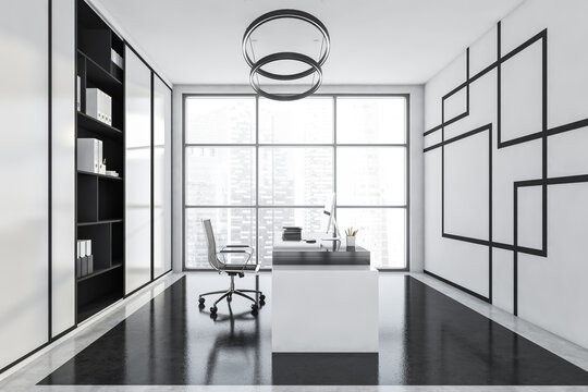 Black, white office interior with panoramic windows, round chandelier
