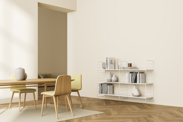 Light yellow living room with white bookshelf