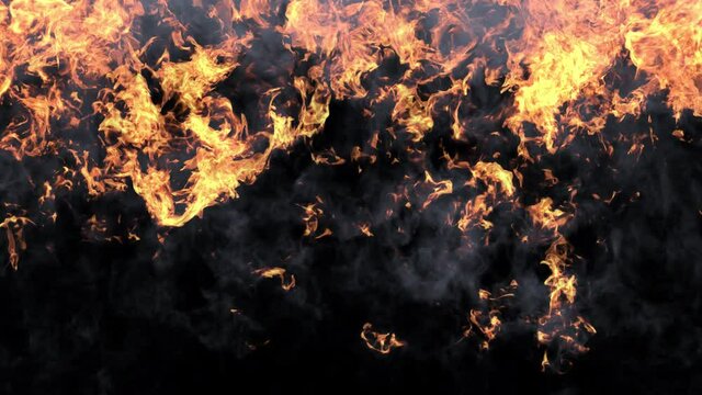 Clouds of burning smoke and fire rise from the bottom to fill the frame then dissipate completely on a transparent alpha channel background.