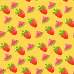 Fototapeta na wymiar Seamless pattern with slice of watermelon and strawberry, colorful background for print, wrapping