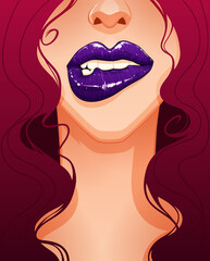 Close Up Woman Biting Her Lip Beautiful Full Lips Purple Lipstick