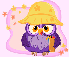 Image of a cute summer owl with a cocktail. Vector illustration