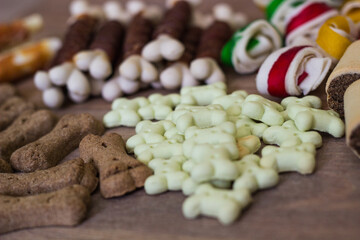 Dog tasty colored biscuits on wooden background, snacks for dogs. Healthy dry pet food concept