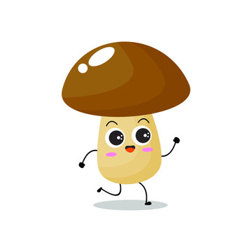 Vector illustration of mushroom character with cute expression,  funny, fungi isolated on white background, simple minimal style, vegetable for mascot collection, emoticon kawaii, happy run