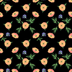 Poppies with cornflowers on field seamless pattern.