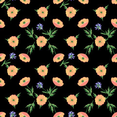 Fototapeta premium Poppies with cornflowers on field seamless pattern.