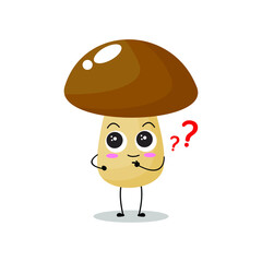 Vector illustration of mushroom character with cute expression,  funny, fungi isolated on white background, simple minimal style, vegetable for mascot collection, emoticon kawaii, ask, curious