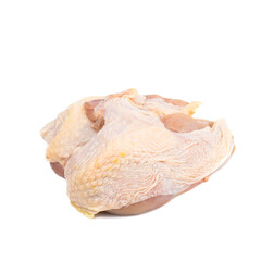 Raw chicken boneless breast chunks with skin isolated on white background.food concept for...