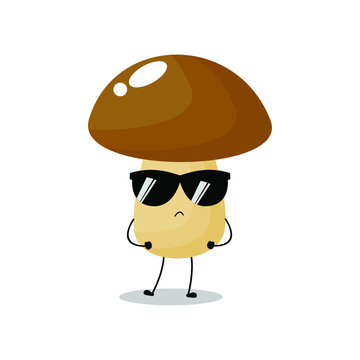 Vector illustration of mushroom character with cute expression,  funny, fungi isolated on white background, simple minimal style, vegetable for mascot collection, emoticon kawaii, sunglasses, cool