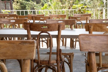 Fototapeta na wymiar empty tables and chairs in the outdoor area of a rural restaurant in Lebanon