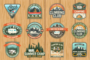 Set of Rock Climbing club and summer camp badges. Vector Concept for shirt or print, stamp, patch or tee. Vintage typography design with camping tent, trailer, camper, climber, carabiner and mountains