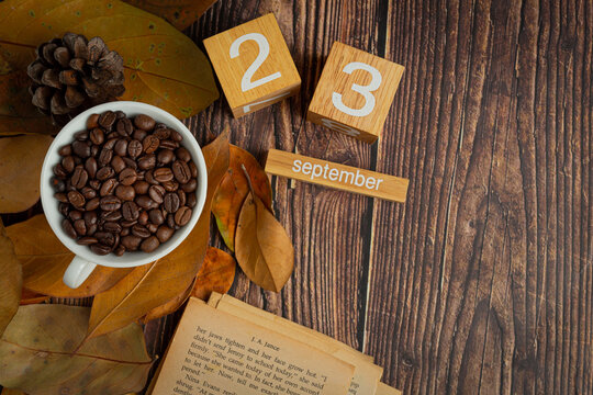 A cup of coffee placed on a book and a calendar with dry leaves.