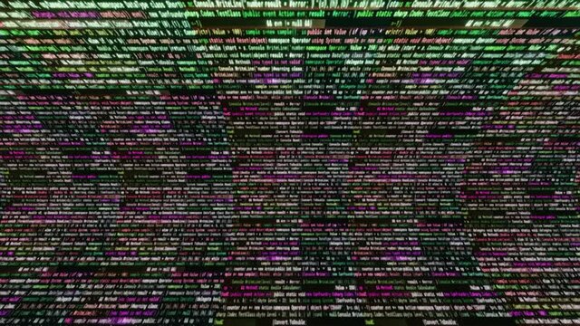 Digital program code written automatically by the artificial intelligence. Animation. Concept of technologies and neuronet, seamless loop.
