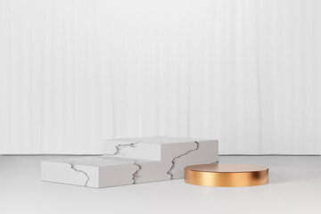 3D rendering background. Marble white step and gold cylinder stage podium on white curtain background.