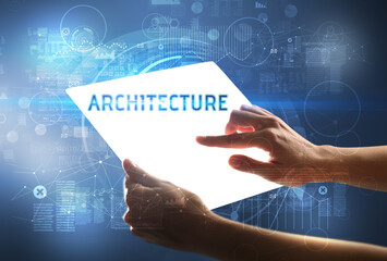 Hand holdig futuristic tablet , technology concept