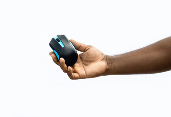 Wireless computer mouse in the hand on the isolated white background