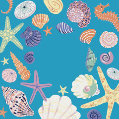 Colorful illustration with frame of seashells