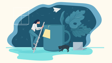 A girl goes up the stairs to a large cup of drink illustration in a flat style for design design
