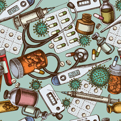 Seamless pattern with hand drawn colored vial of blood, pills and medicines, medical thermometer, coronavirus rapid test, coronavirus bacteria cell, stethoscope, syringe, vaccine