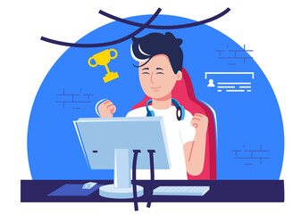 Vector illustration of a man at the computer who wins the game. Winning an Online Game