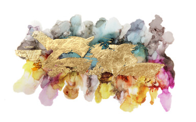 Art Abstract  watercolor and acrylic marble flow painting and gold glitter smear blot on white canvas texture horizontal background. Alcohol ink.